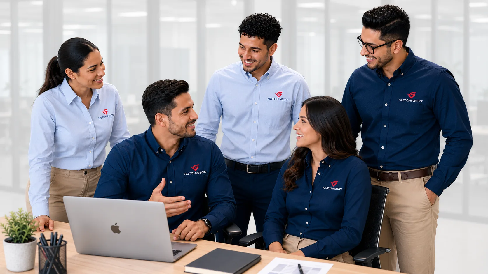 Equipo de oficina con camisas corporativas marino y azul cielo con logo bordado al pecho.